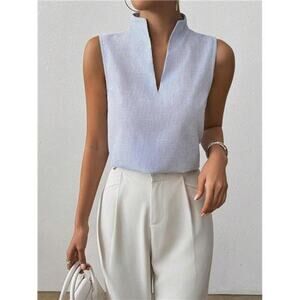 Women’s Deep V-Neck Sleeveless Work Top Blue Striped Business Casual Tank Blouse